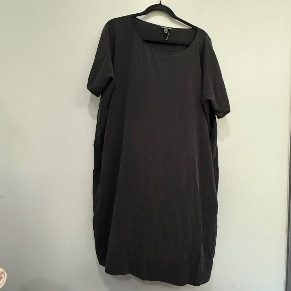 Eileen Fisher Black 100% Silk Short Sleeve Pocket Shift Dress Large S16GC
